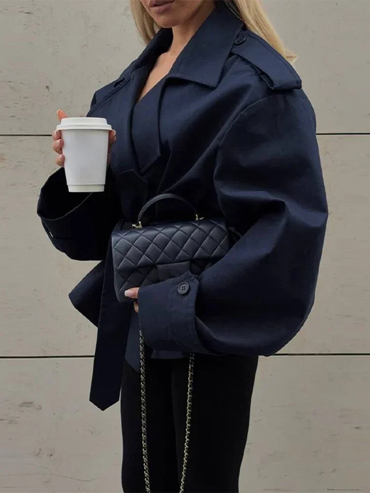 Women's Short Trench Coat Single Breasted Lapel Collar Belted Waist Long Sleeve Jacket Casual Daily Commute Office Fashion Coat