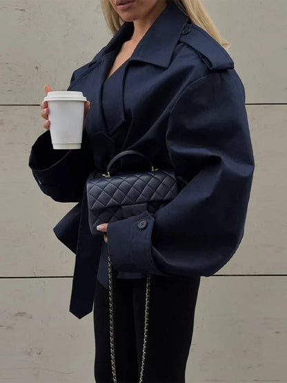 Women's Short Trench Coat Single Breasted Lapel Collar Belted Waist Long Sleeve Jacket Casual Daily Commute Office Fashion Coat