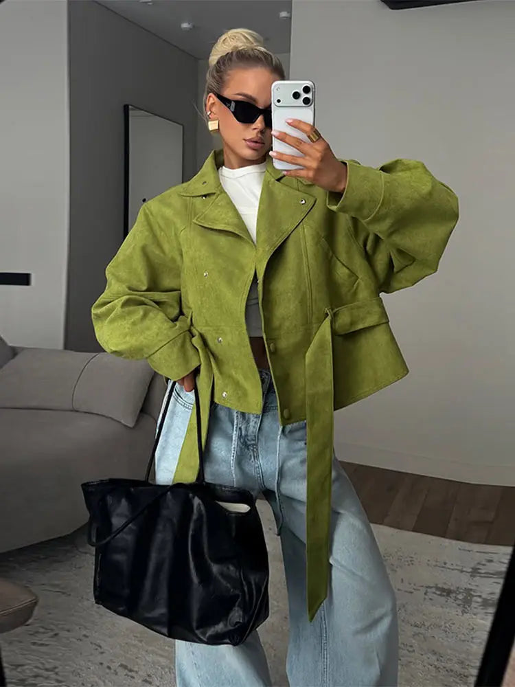 Elegant Solid Women's Windbreaker Full Sleeve Stand Collar Lace Up Lady Short Coats 2026 Spring Chic Female Street Outerwear