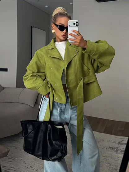Elegant Solid Women's Windbreaker Full Sleeve Stand Collar Lace Up Lady Short Coats 2026 Spring Chic Female Street Outerwear