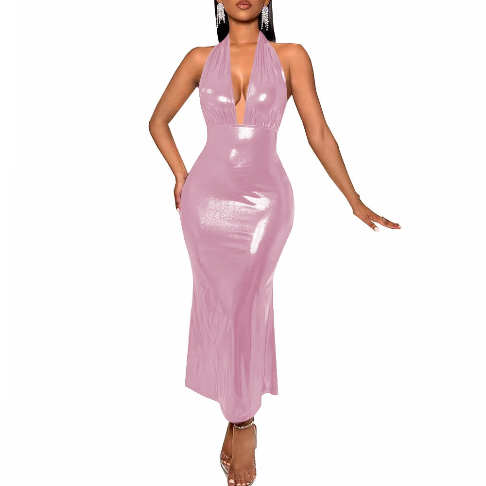 Plus Size Liquid Metallic Halter Dress Ladies Deep V-neck Club Beach Long Dresses Sexy Off-shoulder Backless Suspender Robes