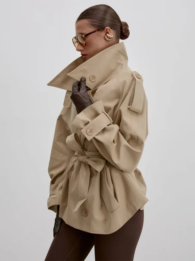 Stand Collar Lace Up Trench Chic Coat Women Long Sleeves Single Breasted Short Windbreaker New Spring Daily Street Lady Jacket
