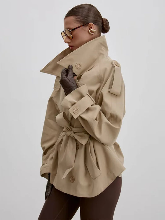 Stand Collar Lace Up Trench Chic Coat Women Long Sleeves Single Breasted Short Windbreaker New Spring Daily Street Lady Jacket
