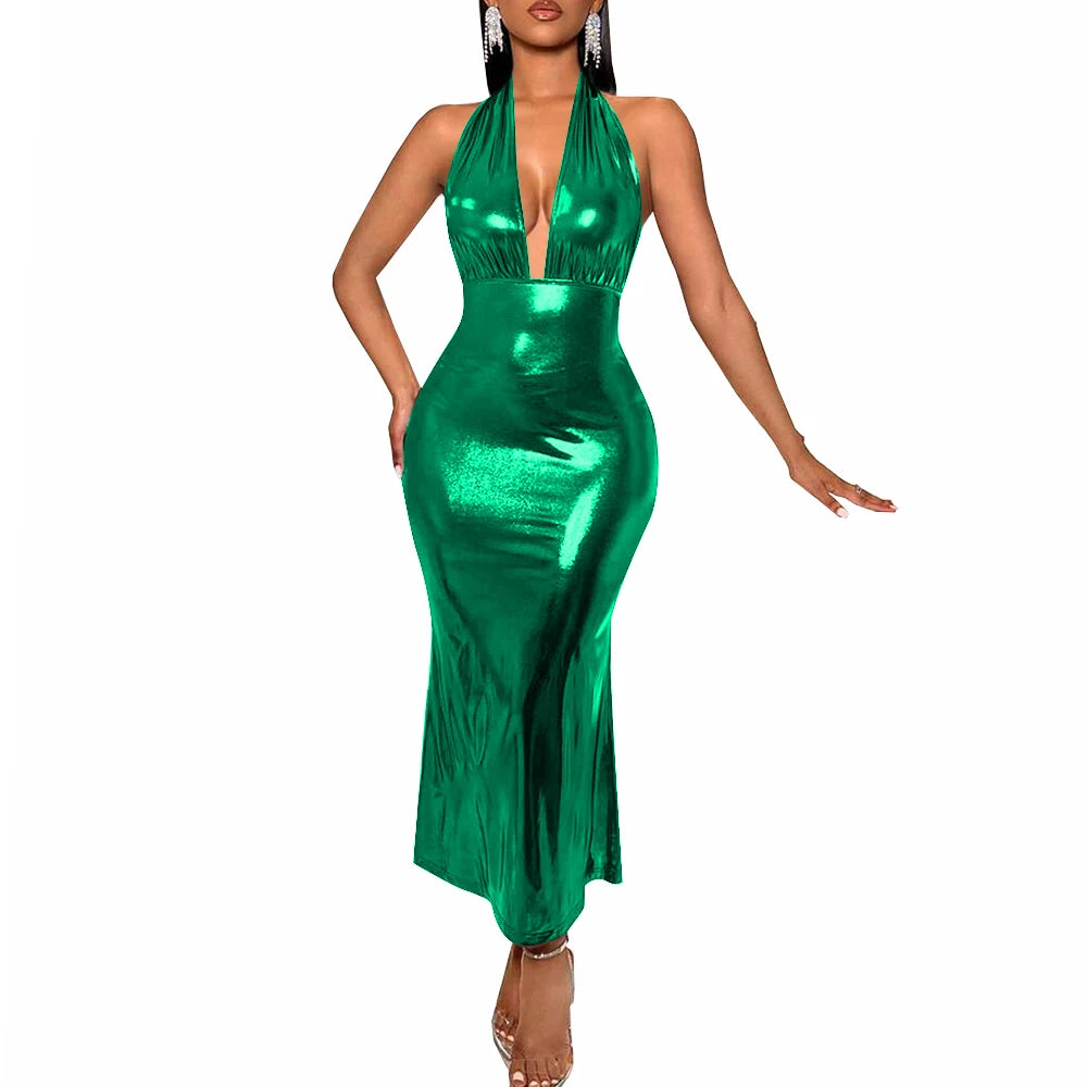 Plus Size Liquid Metallic Halter Dress Ladies Deep V-neck Club Beach Long Dresses Sexy Off-shoulder Backless Suspender Robes