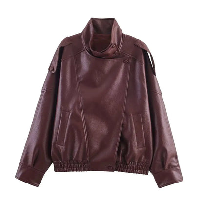 Casual Chic Black Leather Jackets Women Long Sleeve Buttons Elastic Oversized Coats Fashion 2026 Fall Streetwear Coats