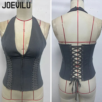 Sexy Y2K Halter Corset Tops Women Boning Deep V Neck Bustier French Style Waist Cincher Back Tie & Zip Closure Hot Clubwear Cute