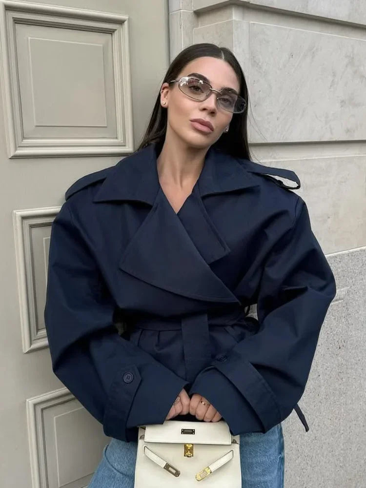 Women Elegant Full Sleeve Lace Up Jacket Loose Fashion Solid Lapel Belt Short Trench Coat Autumn 2025 Daily High Street Outwear
