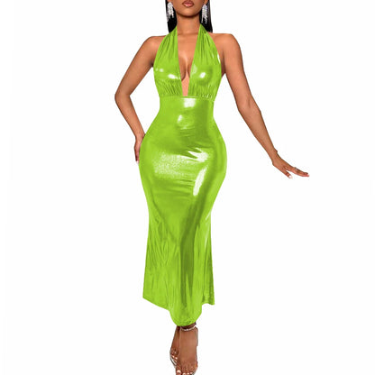 Plus Size Liquid Metallic Halter Dress Ladies Deep V-neck Club Beach Long Dresses Sexy Off-shoulder Backless Suspender Robes