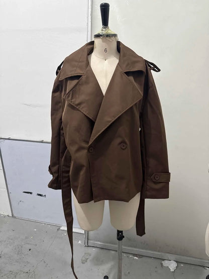Solid Laepl Lace Up Trench Coat Women Fashion Full Sleeve Waist Cinching Short Windbreak 2026 New Autumn Office Commute Outwear