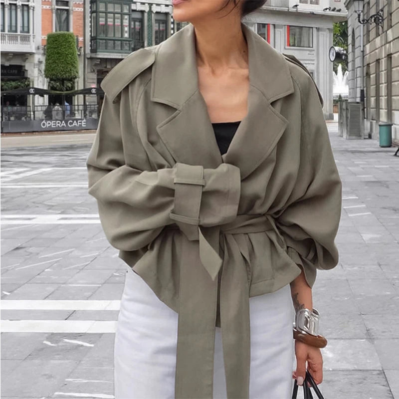 Women Elegant Full Sleeve Lace Up Jacket Loose Fashion Solid Lapel Belt Short Trench Coat Autumn 2025 Daily High Street Outwear