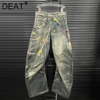 DEAT Fashion Women's 3D Chain Printed Contrast Color Jeans Niche Design High Waist Casual Denim Pants Female Trendy 11A04071