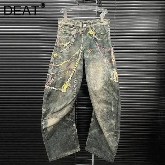 DEAT Fashion Women's 3D Chain Printed Contrast Color Jeans Niche Design High Waist Casual Denim Pants Female Trendy 11A04071