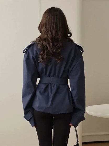 Women's Short Trench Coat Single Breasted Lapel Collar Belted Waist Long Sleeve Jacket Casual Daily Commute Office Fashion Coat