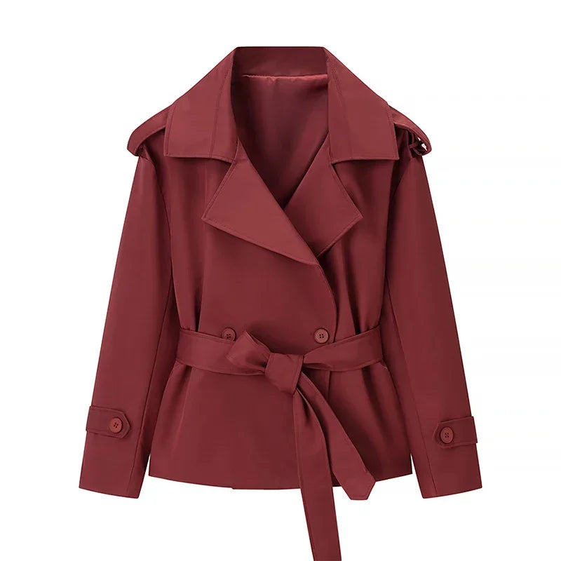Women's Short Trench Coat Single Breasted Lapel Collar Belted Waist Long Sleeve Jacket Casual Daily Commute Office Fashion Coat