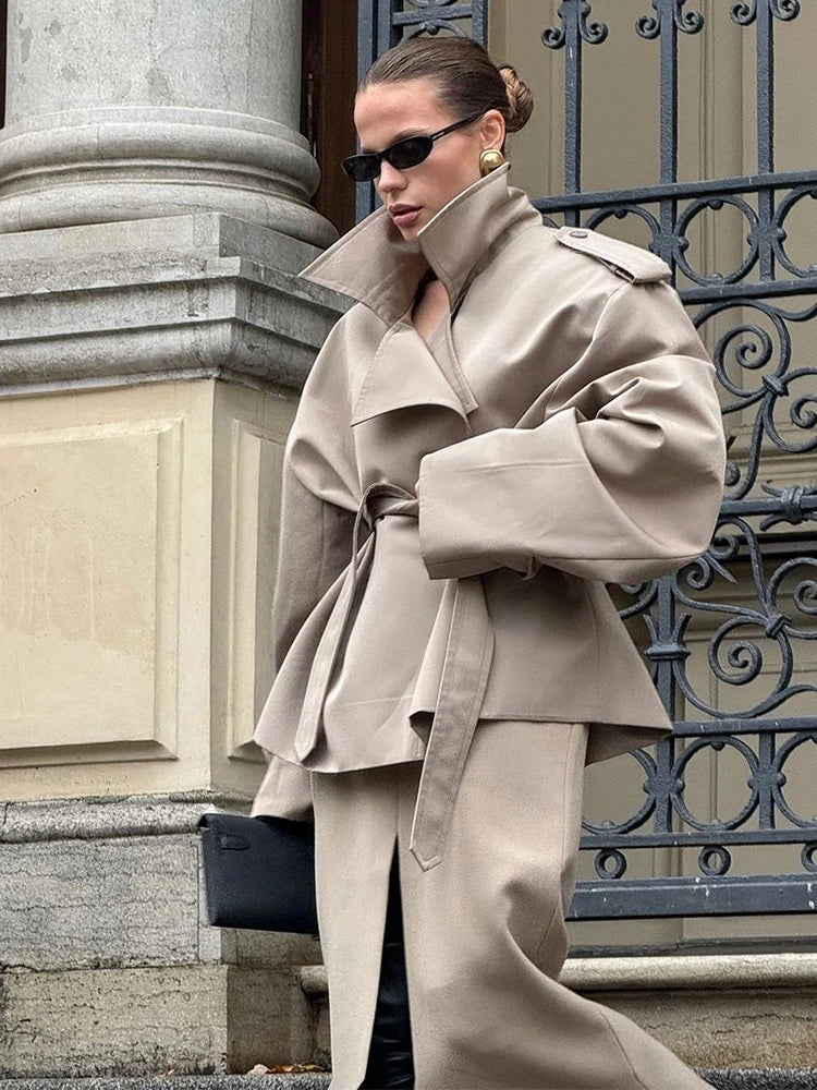 Solid Laepl Lace Up Trench Coat Women Fashion Full Sleeve Waist Cinching Short Windbreak 2026 New Autumn Office Commute Outwear