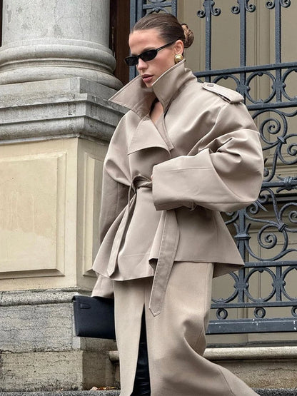 Solid Laepl Lace Up Trench Coat Women Fashion Full Sleeve Waist Cinching Short Windbreak 2026 New Autumn Office Commute Outwear