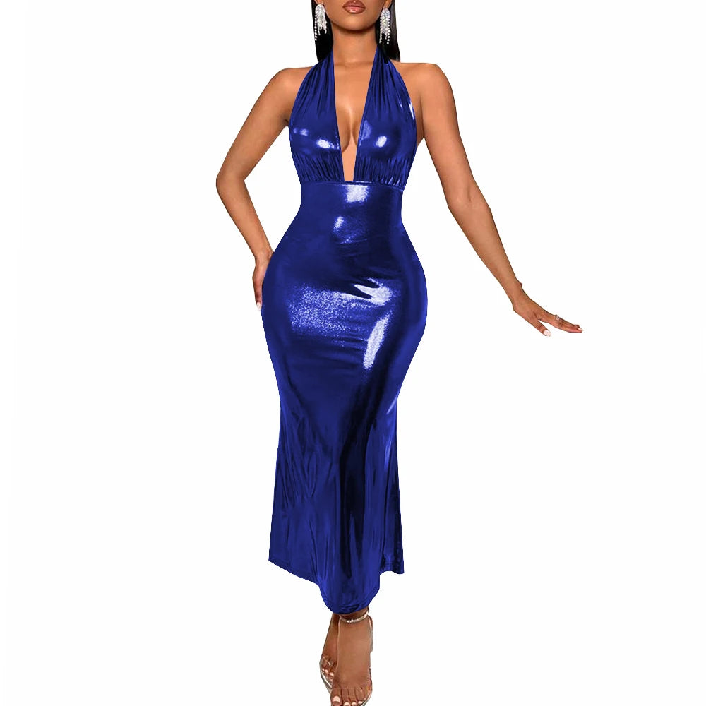 Plus Size Liquid Metallic Halter Dress Ladies Deep V-neck Club Beach Long Dresses Sexy Off-shoulder Backless Suspender Robes