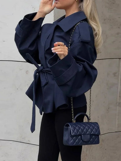 Women's Short Trench Coat Single Breasted Lapel Collar Belted Waist Long Sleeve Jacket Casual Daily Commute Office Fashion Coat
