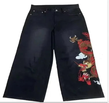 2024 New American Trend Retro Hip-hop Embroidery Pattern Baggy Jeans For Men And Women Y2K Harajuku Gothic Wide Pants Streetwear