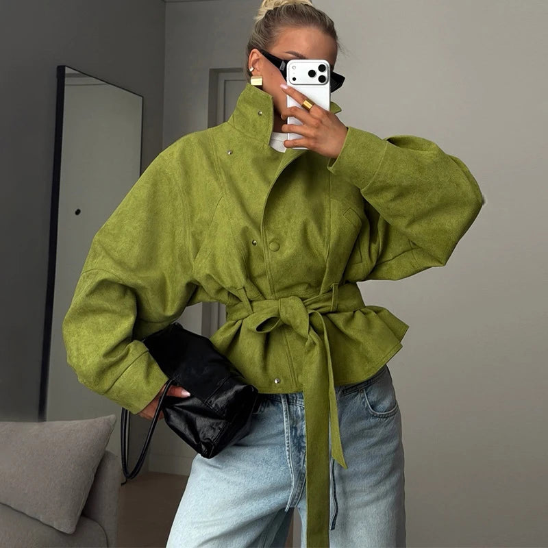 Vintage Women's Suede Jacket Lace Up Lapel Button Loose Long Sleeve Thick Female Coat 2026 Spring Autumn Lady Street Outwear New