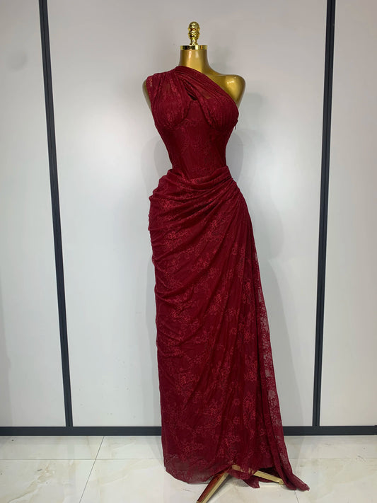 Vintage Red Color Women Off The Shoulder Sexy Lace Bodycon Long Dress Celbrity Elegant Evening Party Cocktail Club Dress