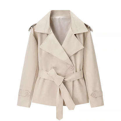 Women's Short Trench Coat Single Breasted Lapel Collar Belted Waist Long Sleeve Jacket Casual Daily Commute Office Fashion Coat