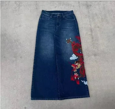2024 New American Trend Retro Hip-hop Embroidery Pattern Baggy Jeans For Men And Women Y2K Harajuku Gothic Wide Pants Streetwear