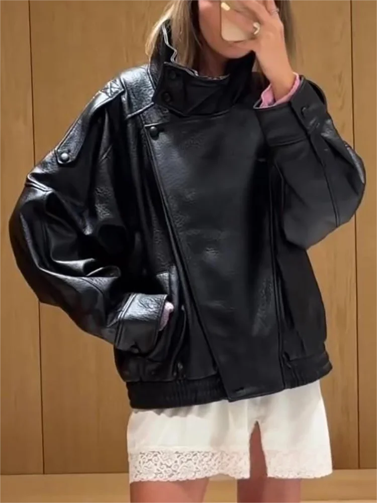 Casual Chic Black Leather Jackets Women Long Sleeve Buttons Elastic Oversized Coats Fashion 2026 Fall Streetwear Coats