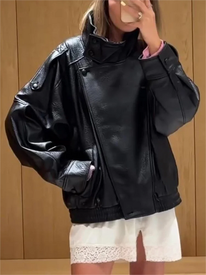 Casual Chic Black Leather Jackets Women Long Sleeve Buttons Elastic Oversized Coats Fashion 2026 Fall Streetwear Coats