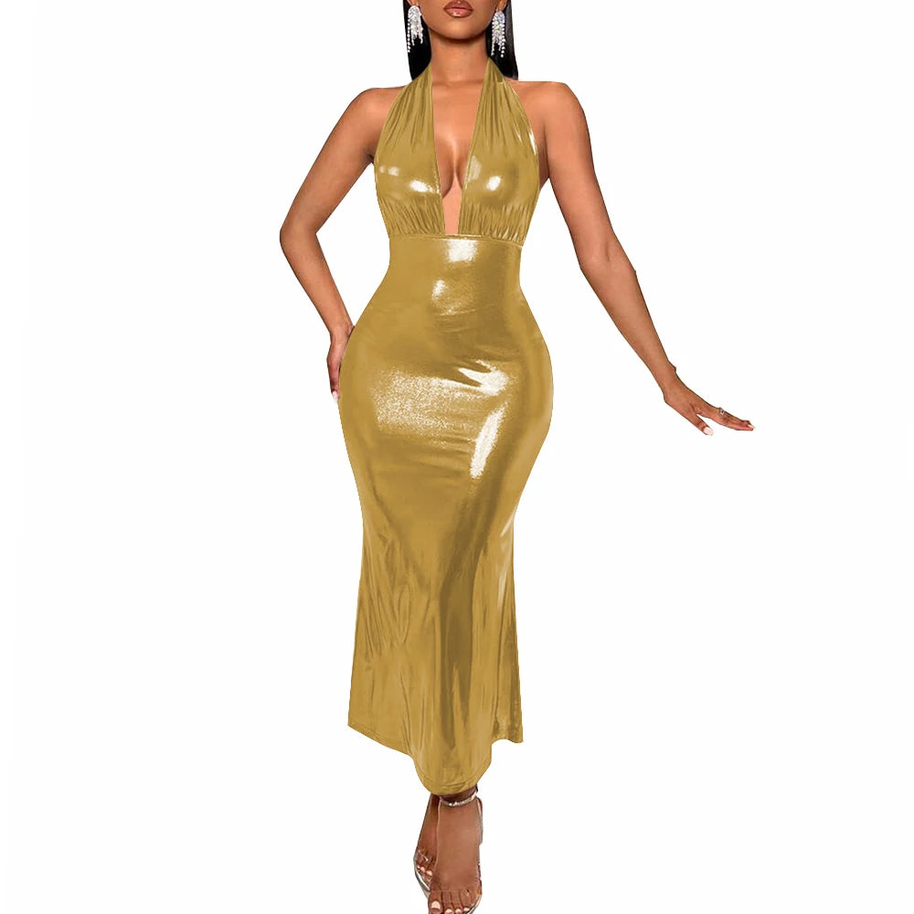 Plus Size Liquid Metallic Halter Dress Ladies Deep V-neck Club Beach Long Dresses Sexy Off-shoulder Backless Suspender Robes