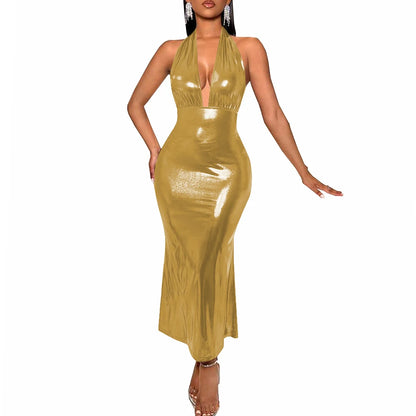 Plus Size Liquid Metallic Halter Dress Ladies Deep V-neck Club Beach Long Dresses Sexy Off-shoulder Backless Suspender Robes