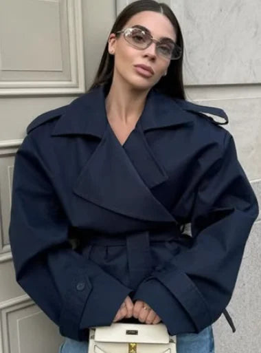 Solid Laepl Lace Up Trench Coat Women Fashion Full Sleeve Waist Cinching Short Windbreak 2026 New Autumn Office Commute Outwear