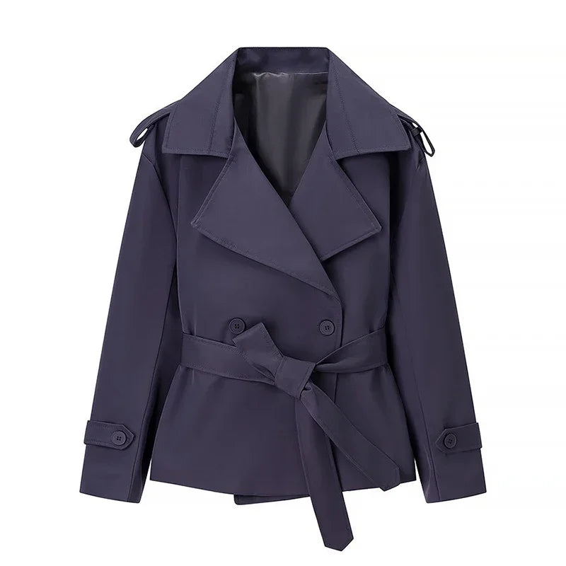 Women's Short Trench Coat Single Breasted Lapel Collar Belted Waist Long Sleeve Jacket Casual Daily Commute Office Fashion Coat