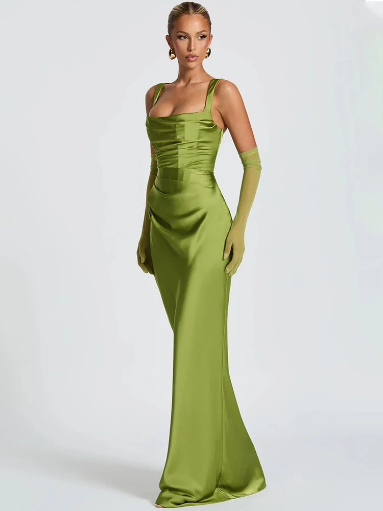 Mozision Satin Backless Sexy Maxi Dress Women Elegant Halter Off-shoulder Sleeveless Lace-up Bodycon Club Party Long Dresses