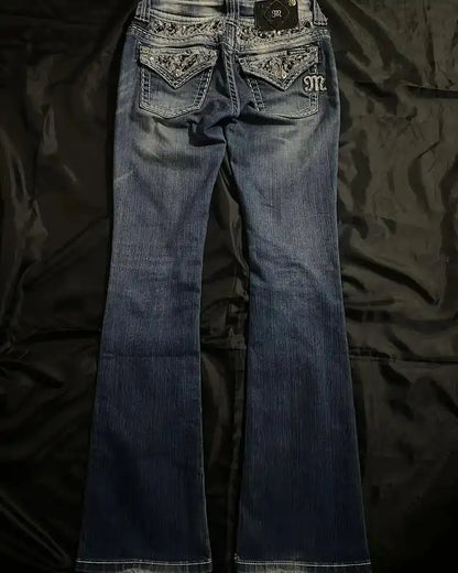 Streetwear Vintage Jeans Y2K Clothes Womens Vintage Pocket Sequin Washed Blue Baggy Jeans Mid Rise Slim Fit Trousers