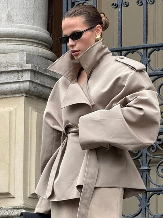 Women Elegant Full Sleeve Lace Up Jacket Loose Fashion Solid Lapel Belt Short Trench Coat Autumn 2025 Daily High Street Outwear