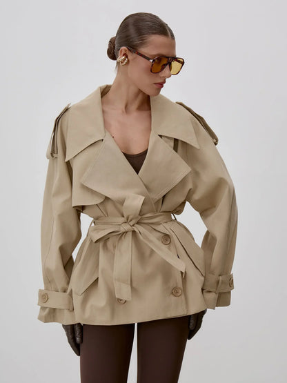 Stand Collar Lace Up Trench Chic Coat Women Long Sleeves Single Breasted Short Windbreaker New Spring Daily Street Lady Jacket