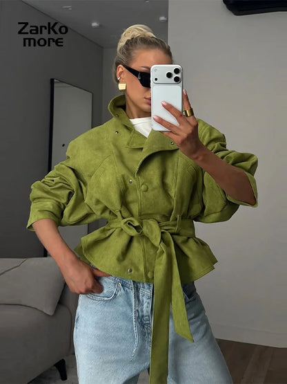 Vintage Women's Suede Jacket Lace Up Lapel Button Loose Long Sleeve Thick Female Coat 2026 Spring Autumn Lady Street Outwear New