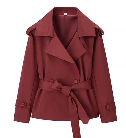 Women Elegant Full Sleeve Lace Up Jacket Loose Fashion Solid Lapel Belt Short Trench Coat Autumn 2025 Daily High Street Outwear