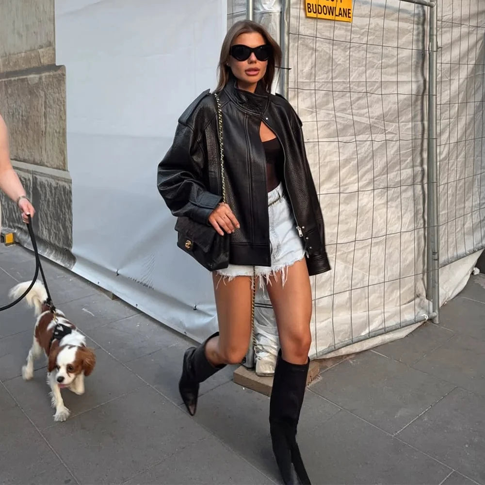 Casual Chic Black Leather Jackets Women Long Sleeve Buttons Elastic Oversized Coats Fashion 2026 Fall Streetwear Coats
