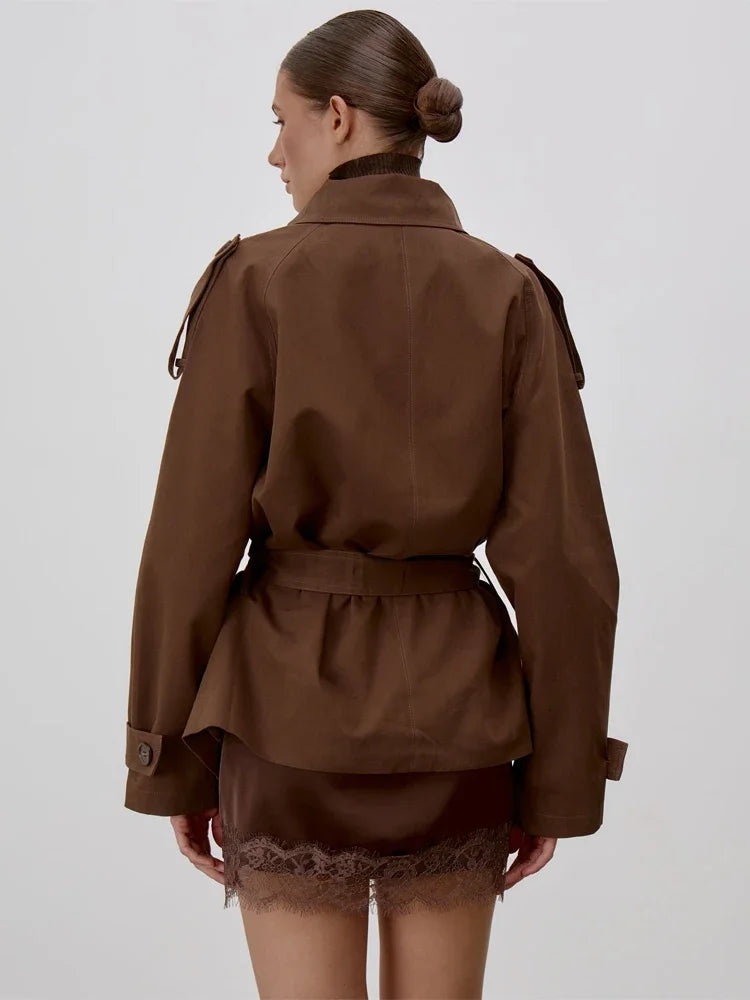 Stand Collar Lace Up Trench Chic Coat Women Long Sleeves Single Breasted Short Windbreaker New Spring Daily Street Lady Jacket