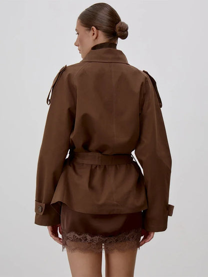 Stand Collar Lace Up Trench Chic Coat Women Long Sleeves Single Breasted Short Windbreaker New Spring Daily Street Lady Jacket
