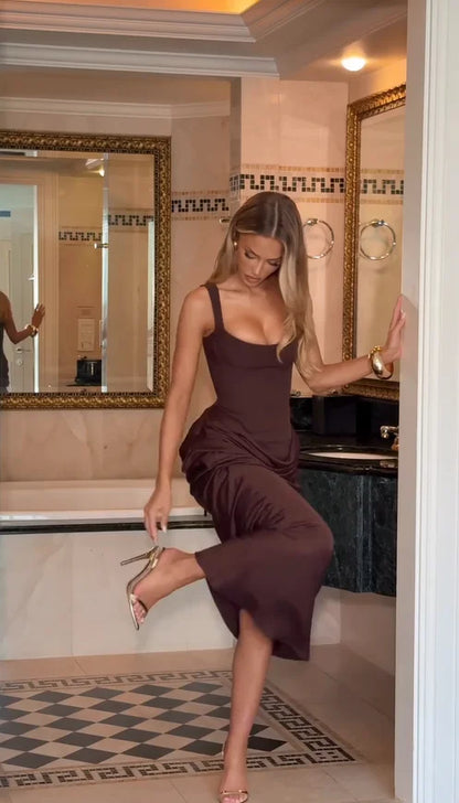 Solid Pleated Sling Dress Women Square Neck Sleeveless Off-shoulder Waist Cinching Slim Dresses Lady Evening Party Gowns 2025