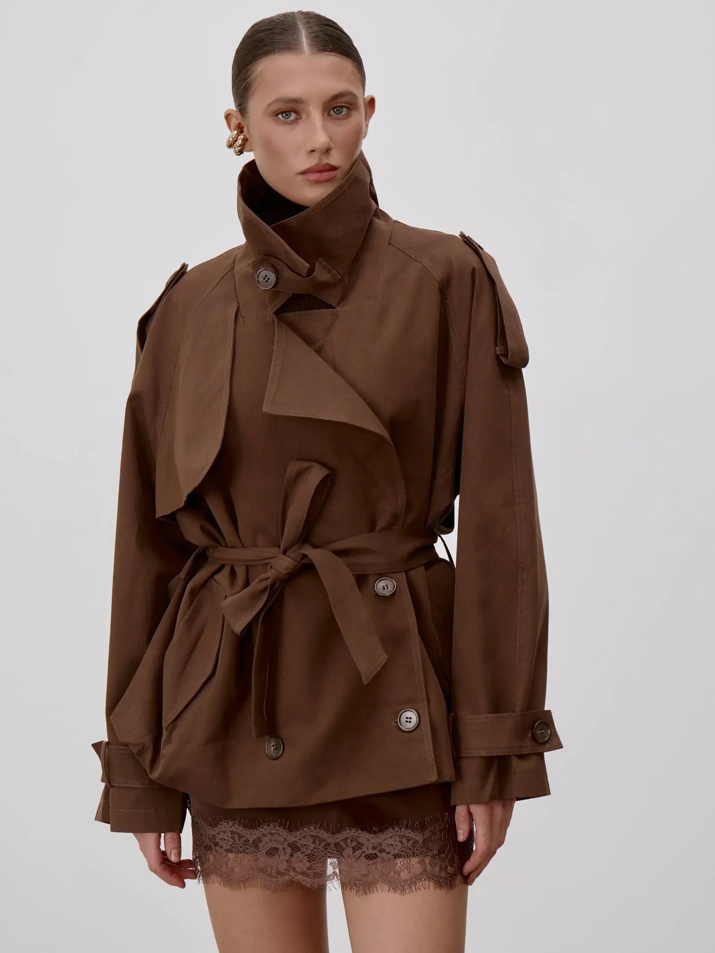 Stand Collar Lace Up Trench Chic Coat Women Long Sleeves Single Breasted Short Windbreaker New Spring Daily Street Lady Jacket