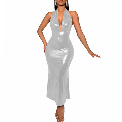 Plus Size Liquid Metallic Halter Dress Ladies Deep V-neck Club Beach Long Dresses Sexy Off-shoulder Backless Suspender Robes