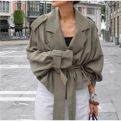 Women Elegant Full Sleeve Lace Up Jacket Loose Fashion Solid Lapel Belt Short Trench Coat Autumn 2025 Daily High Street Outwear