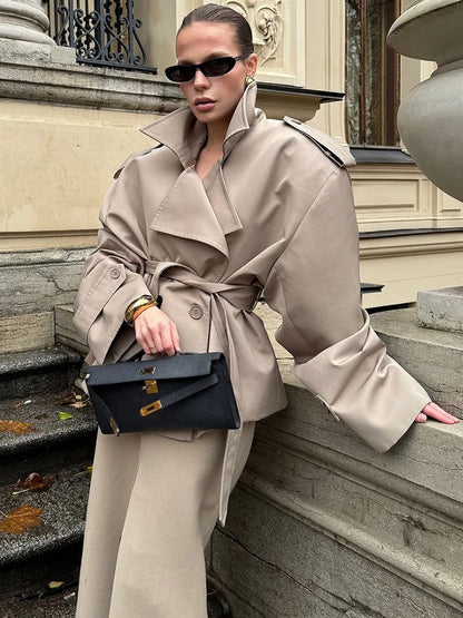 Solid Laepl Lace Up Trench Coat Women Fashion Full Sleeve Waist Cinching Short Windbreak 2026 New Autumn Office Commute Outwear