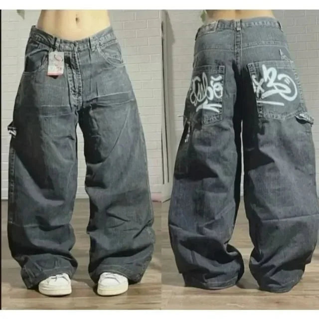 2024 New American Trend Retro Hip-hop Embroidery Pattern Baggy Jeans For Men And Women Y2K Harajuku Gothic Wide Pants Streetwear