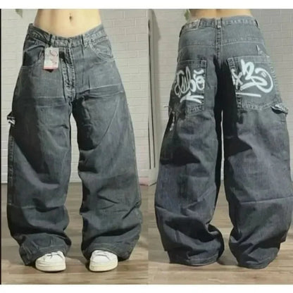 2024 New American Trend Retro Hip-hop Embroidery Pattern Baggy Jeans For Men And Women Y2K Harajuku Gothic Wide Pants Streetwear