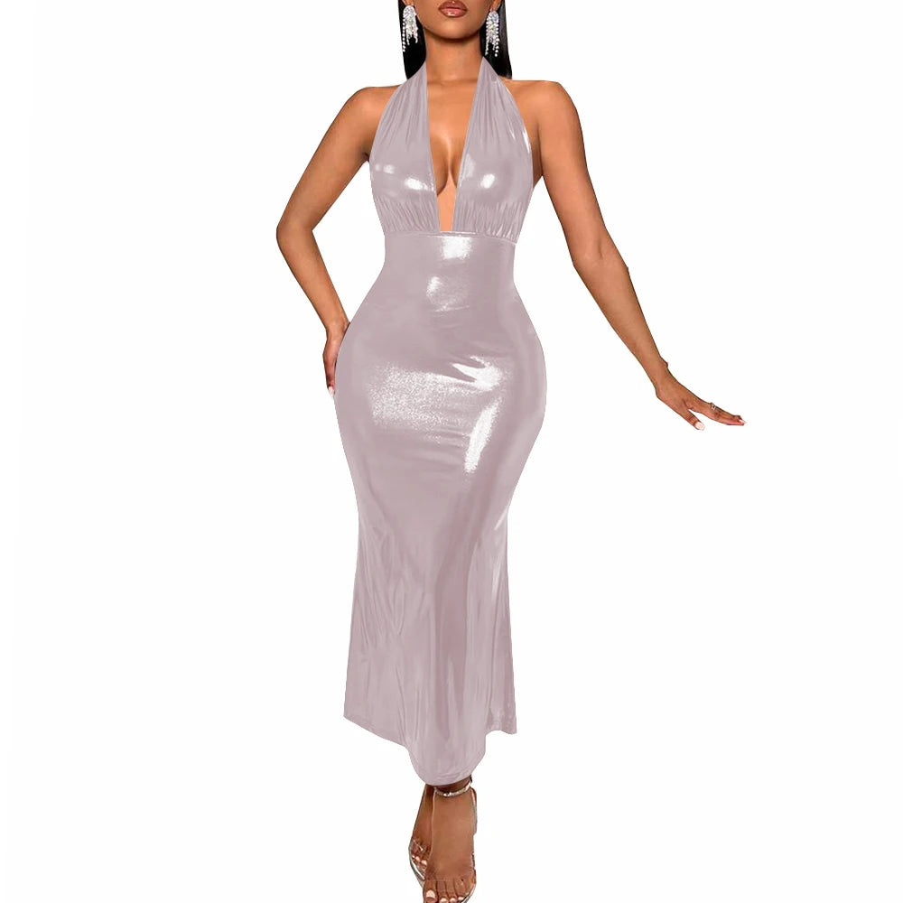 Plus Size Liquid Metallic Halter Dress Ladies Deep V-neck Club Beach Long Dresses Sexy Off-shoulder Backless Suspender Robes